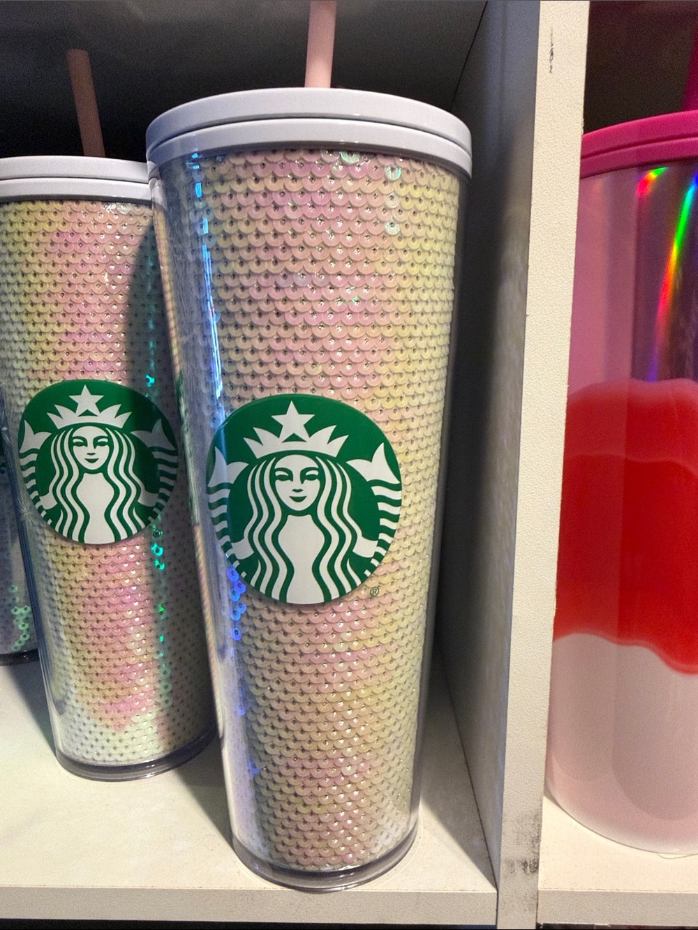 Starbucks Green Logo Sequin Tumbler with Pastel Pink and Pearl Hues
